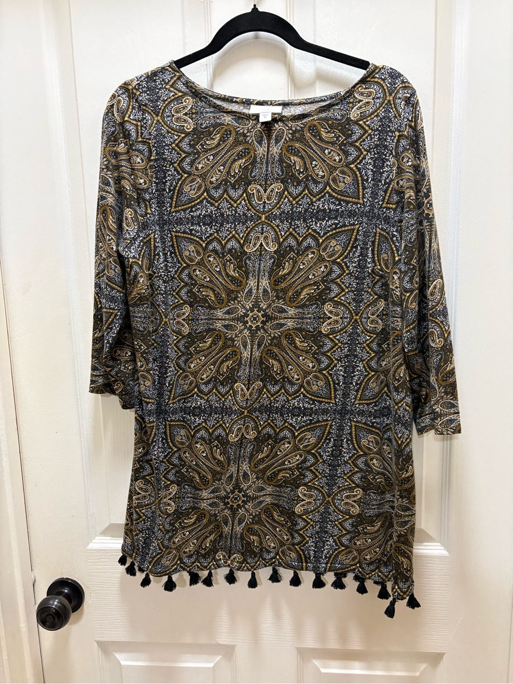 J Jill Brown and Black Paisley Tunic Blouse with Tassels Size Medium